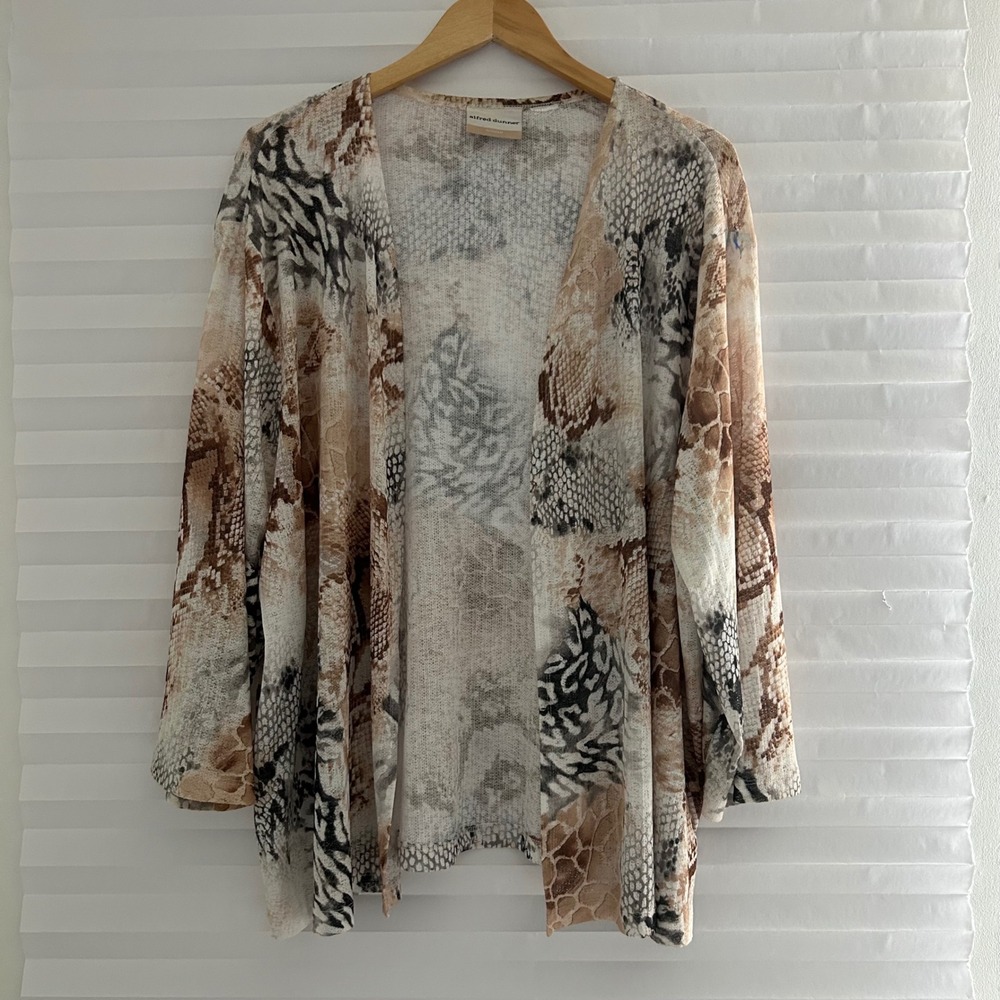 Alfred Dunner Woman Animal Print Open Front Cardigan Brown Tan Grey Snake Print